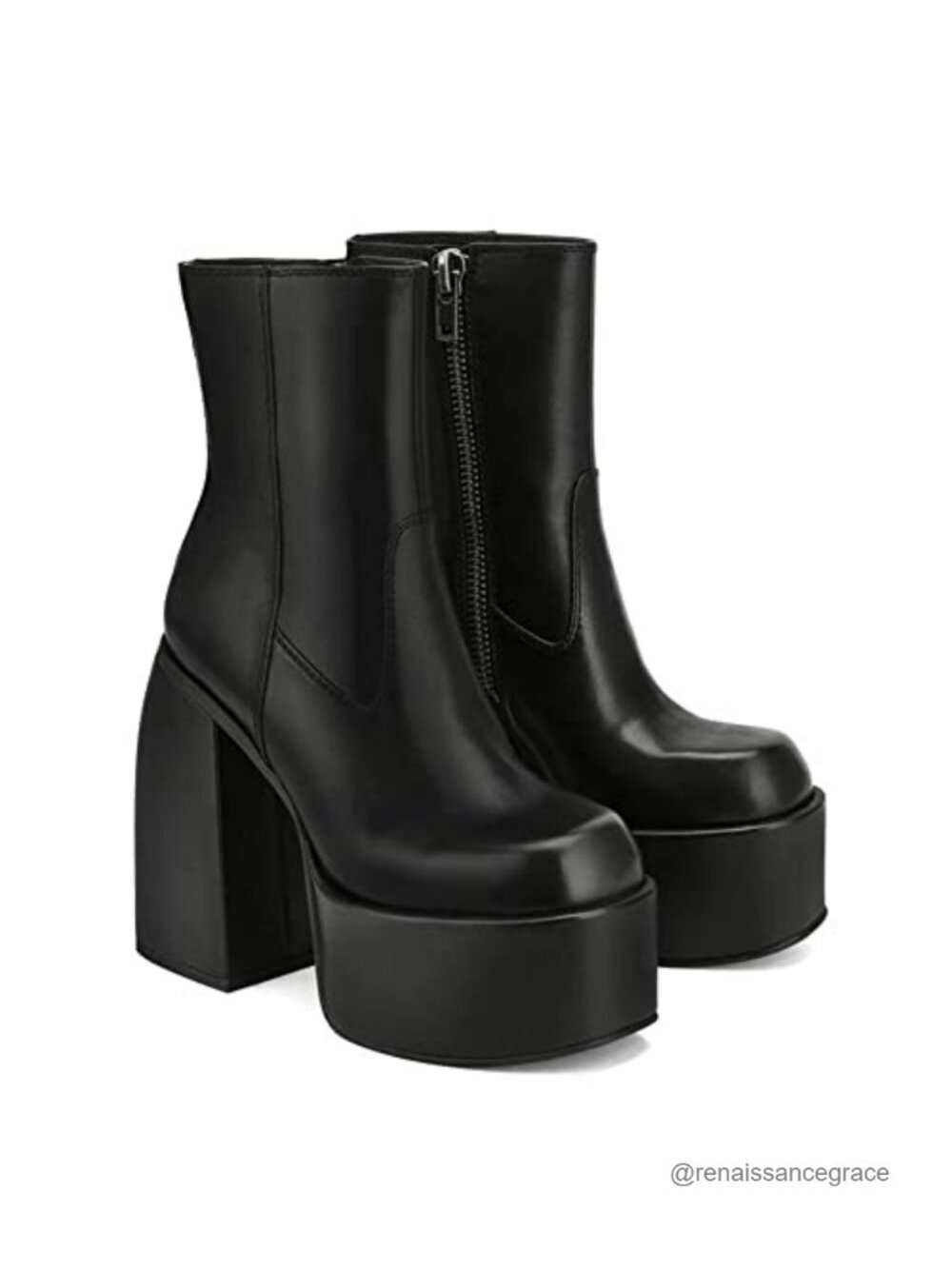PU Leather Ankle Boots Chunky High Heel Side Zipper Platform Boots